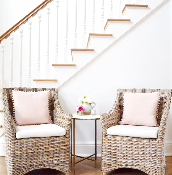 Foyer Wicker Chairs. The wicker chairs are from Overstock and the marble table is from Target. Foyer Wicker Chairs #Foyer #WickerChairs Beautiful Homes of Instagram @HomeSweetHillcrest