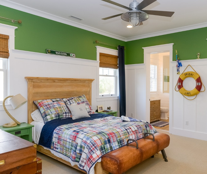 Kids Bedroom with wainscoting and Kelly Green Walls. What a fantastic kid's bedroom! I love the white wainscotting against the green walls. #KidsBedroom #bedroomwainscoting #KellyGreen Echelon Custom Homes