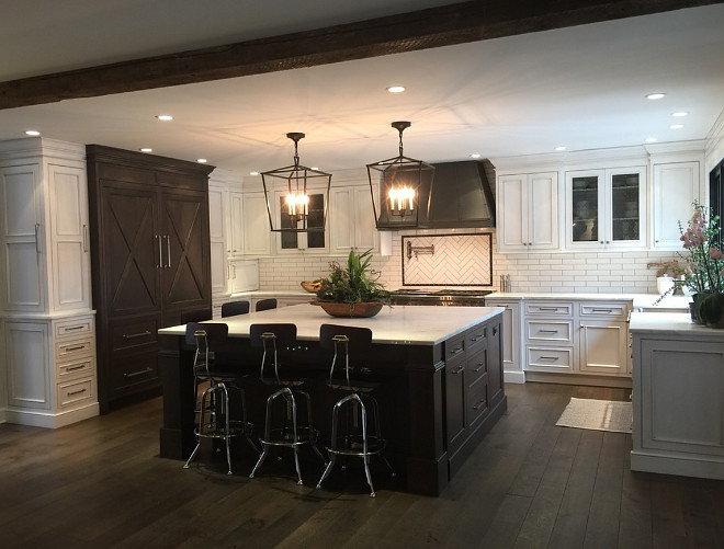 Kitchen with dark stained hardwood floors and dark stained kitchen island #Kitchen #darkstainedhardwoodfloors #darkstainedkitchenisland Oak & Broad