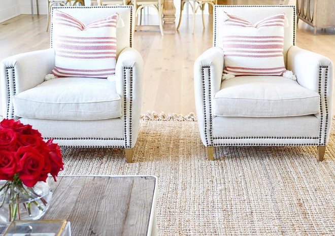 Living room chairs. Chairs are Restoration Hardware Marcel Upholstered Club. Fabric is Belgian Linen in Sand. Rug is the Maui Chunky Loop rug in Natural by Rugs USA. #livingroomchairs Beautiful Homes of Instagram @HomeSweetHillcrest