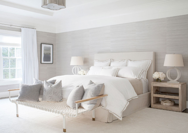 Master Bedroom Phillip Jeffries Wallpaper, Creamy hues are found in the master bedroom, which features a Phillip Jeffries wallpaper, alabaster lamps from Circa Lighting and a cotton rope cot from Anthropologie, used as a bench #MasterBedroom #PhillipJeffries #Wallpaper Chango & Co