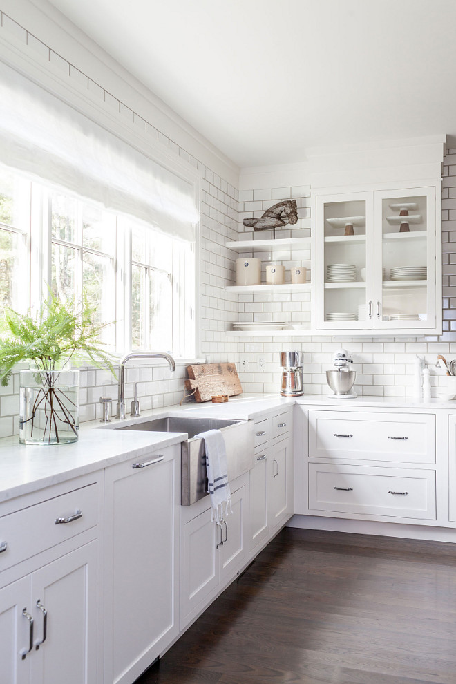 Modern Farmhouse Kitchen with counter to ceiling subway tile and shaker style cabinets #ModernFarmhouseKitchen #modernfarmhouse #kitchen #countertoceilingbacksplash #subwaytile #sakerstylecabinet Chango & Co