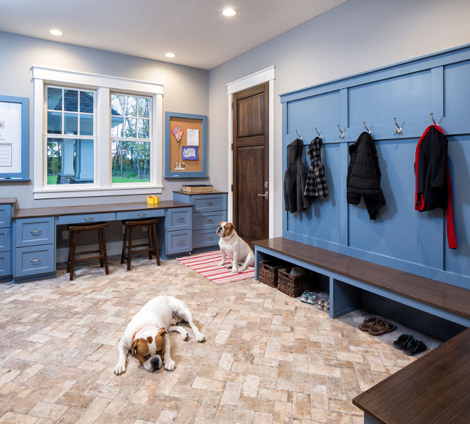 Mudroom Brick Floor - Mudroom Brick Flooring - Mudroom with whitewashed brick floor, Brix Southside 4"x8" from Ceramic Tileworks; Lay in a herringbone pattern, The brick flooring in the Mudroom was inspired by the homeowner's grandmother's home The bold cabinetry color and long desk/work space in the Mudroom allows this room to be multi-purpose #MudroomBrickFloor #MudroomBrickFlooring #Mudroom #BrickFloor #BrickFlooring #whitewashedbrickfloor