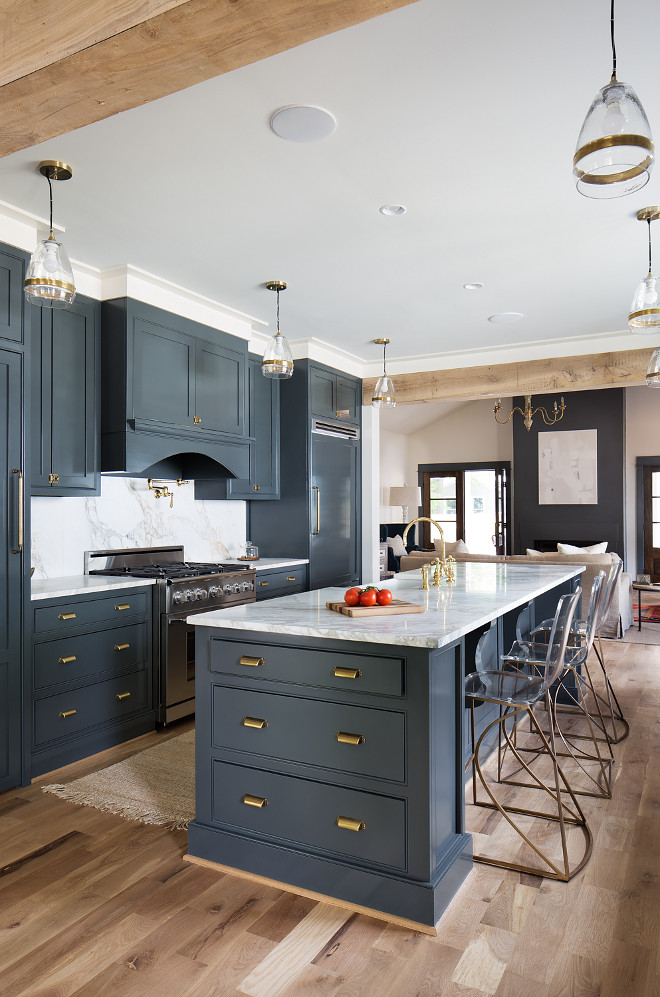 Navy Farmhouse Kitchen. Navy Farmhouse Kitchen. Navy Farmhouse Kitchen Cabinet with brass hardware. Navy Farmhouse Kitchen paint color is Down Pipe by Farrow and Ball. Brass hardware is Martha Stewart from Home Depot. #NavyFarmhouseKitchen #Navykitchen #FarmhouseKitchen #Cabinet #DownPipebyFarrowandBall Willow Homes