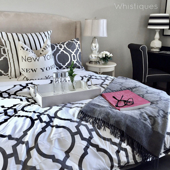 Quatrefoil Bedding. Paint color is Pittsburgh Paints Silver Dollar. Grey Quatrefoil Bedding #QuatrefoilBedding Beautiful Homes of Instagram @whistiques