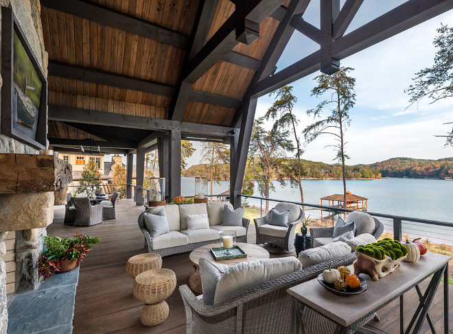 Rustic Back Deck, Rustic Back Deck This transitional timber frame home features a wrap-around porch designed to take advantage of its lakeside setting and mountain views #RusticDeck