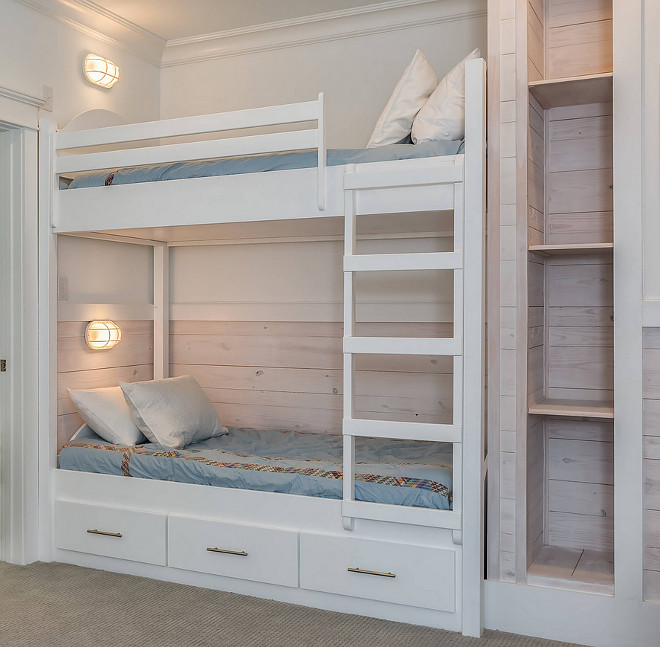 Simple Built in Bunk Beds Plan. Simple Built in Bunk Beds Plan Ideas. Whitewashed Pine shiplap add a coastal feel to this bunk room with simple built-in bunk beds. Simple Built in Bunk Beds Plan. Bunk room with built-in bunk beds and ladder #SimpleBunkBeds #BunkBeds #BunkBedPlan #simpleBunkBedplan #bunkroomladder #bunkbedladder Erin E. Kaiser, Kaiser Real Estate Sales, Inc
