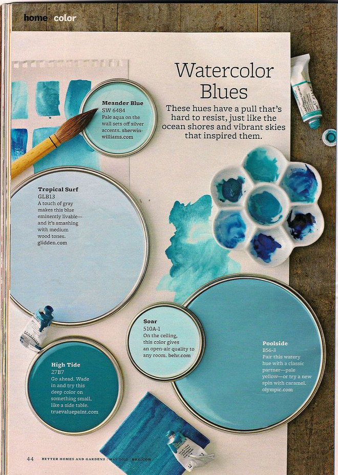 Turquoise Paint Color, Aqua Paint Color, Teal Paint Color Sherwin Williams SW6484 Meander Blue, Tropical Surf Glidden, High Tide True Value Paint, Behr Soar, Poolside Olympic #SherwinWilliamsSW6484MeanderBlue #TropicalSurfGlidden #HighTideTrueValuePaint #BehrSoar #PoolsideOlympic Via Better Homes and Garden