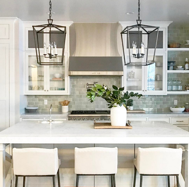 Farmhouse Kitchen with Darlana Lantern. Farmhouse Kitchen with Visual Comfort CHC2165AI E.F. Chapman Darlana 4 Light 17 inch Aged Iron with Wax Foyer Lantern Ceiling Light #FarmhouseKitchen #Lighting #Darlana #Lantern Caitlin Creer Interiors