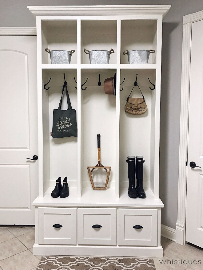 White Mudroom Cabinet Paint Color Pittsburgh Paints Edelweiss. White Mudroom Cabinet Paint Color Pittsburgh Paints Edelweiss #WhiteMudroomCabinet #MudroomCabinet #PaintColor #PittsburghPaints #Edelweiss