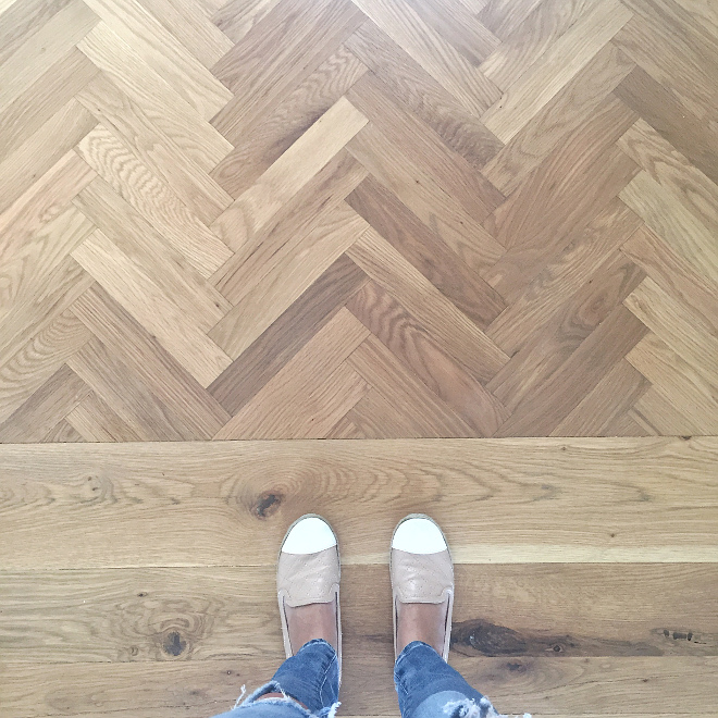 Entrance Floor. My favorite part of our foyer is the herringbone wood floors. All the wood floors are white oak which we sanded down and re-stained. It took a few tries to get it right, but we are so happy with the end result! They are a custom blend of Minwax driftwood and pickled oak. #oakfloors #hardwood #herringbone #herringbonewoodfloors Beautiful Homes of Instagram @HomeSweetHillcrest