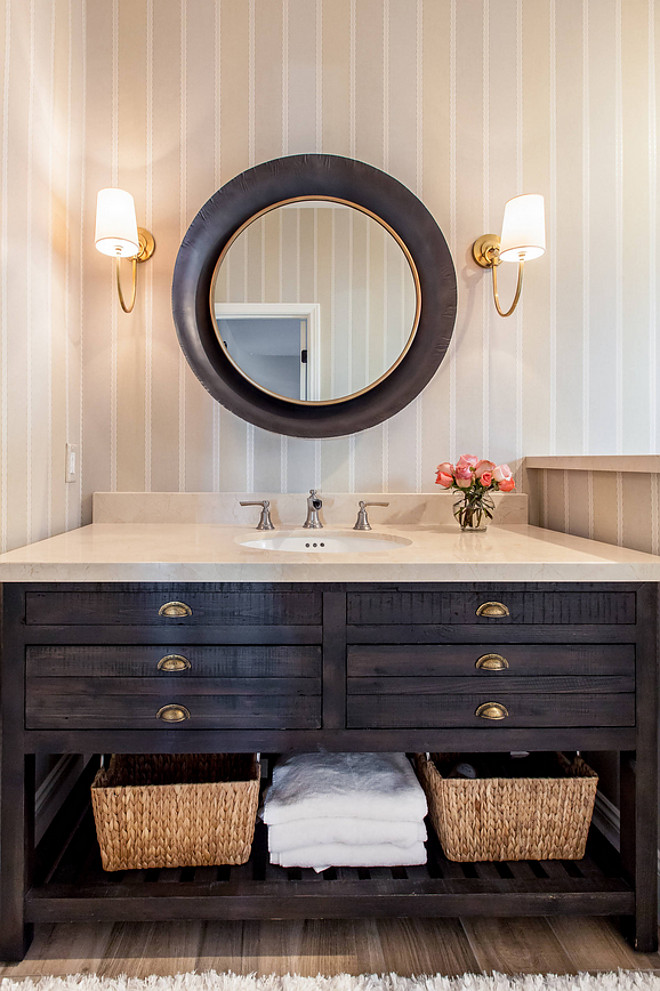 Bathroom Vanity. The bathroom vanity is from Restoration Hardware. The designed used the sink that came with and added a crema marble slab countertop. #BathroomVanity #Bathroom #Vanity