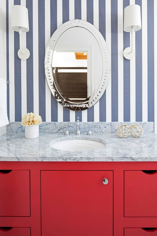 Blue and white bathroom. Coastal Blue and white bathroom ideas. Coastal Blue and white bathroom design. Blue and white bathroom. Blue and red in a fresh way! The blue and white striped wallpaper is by Kate Spade. Blue and white bathroom #Blueandwhitebathroom #coastalBlueandwhitebathroom Martha O'Hara Interiors