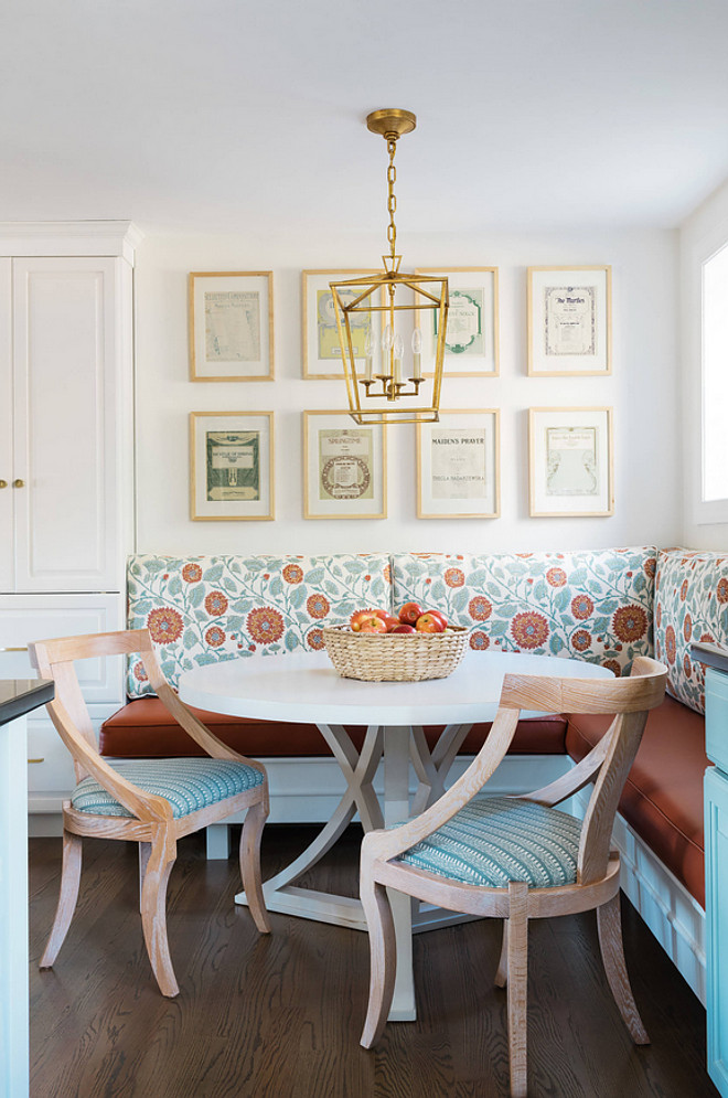 Breakfast nook banquette. Breakfast nook with gallery wall art, Darlana lantern lighting and custom banquette. Breakfast nook banquette. Breakfast nook banquette. Breakfast nook banquette. Breakfast nook banquette #Breakfastnookbanquette #Breakfastnook #banquette Twelve Chairs