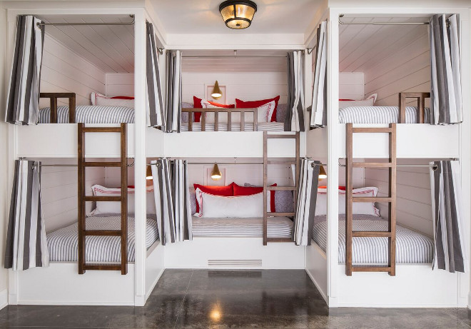 Bunk room with six bunk beds. Smart bunk bed layout. Each bunk has its own hand aged brass sconce and charging station. Bunk room with smart bunk bed layout sleeping six. Bunk room Bunk Beds #Bunkroom #sixbunkbeds #6bunkbeds #Smartbunkbedlayout #bunkbedlayout #Bunkrooms Martha O'Hara Interiors