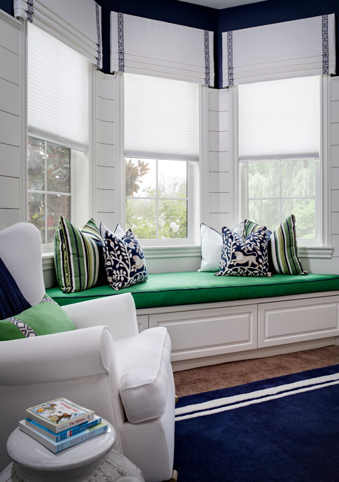 Color Palette. Navy Blue, white and Kelly Green. Fresh Color Palette. Window Pillows: Custom using Duralee & Robert Allen Fabrics. Window Valances: Kravet & Lee Jofa. Navy Blue, white and Kelly Green #ColorPalette #NavyBlue #blueandwhite #navyblue #KellyGreen Tracy Lynn Studio