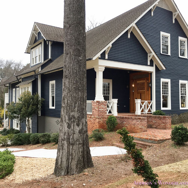 Dark Navy Exterior. Dark Navy Exterior Paint Color. Dark Navy White Trim Exterior. Exterior Paint Color: 1/2 Soot by Benjamin Moore and 1/2 Witching Hour by Benjamin Moore. Trim: Dove Wing by Benjamin Moore. Dark Navy White Trim Exterior Paint Color #DarkNavyExterior #WhiteTrimExterior #Navyexterior #paintcolor #WhiteTrimPaintColor Home Bunch's Beautiful Homes of Instagram @addisonswonderland