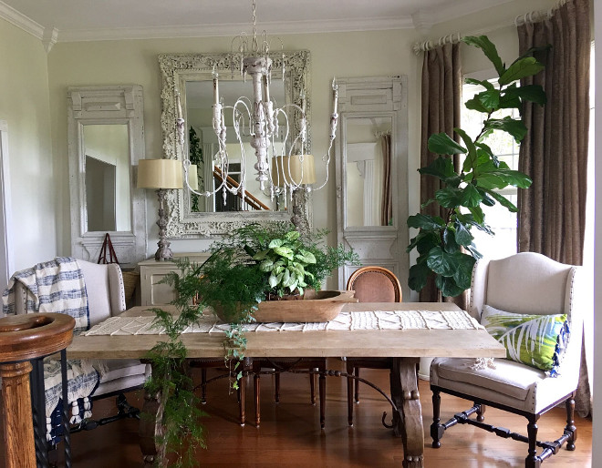 Dining room. French Farmhouse Dining Room. I chalk painted the mirror, the side mirrors were added to old doors. The chandelier is from Sunbelt lighting! Dining room. French Farmhouse Dining Room. Dining room. French Farmhouse Dining Room #Diningroom #Frenchdiningroom #Farmhouse #FarmhouseDiningRoom #DiningRoom Beautiful Homes of Instagram @cindimc.ivoryhome