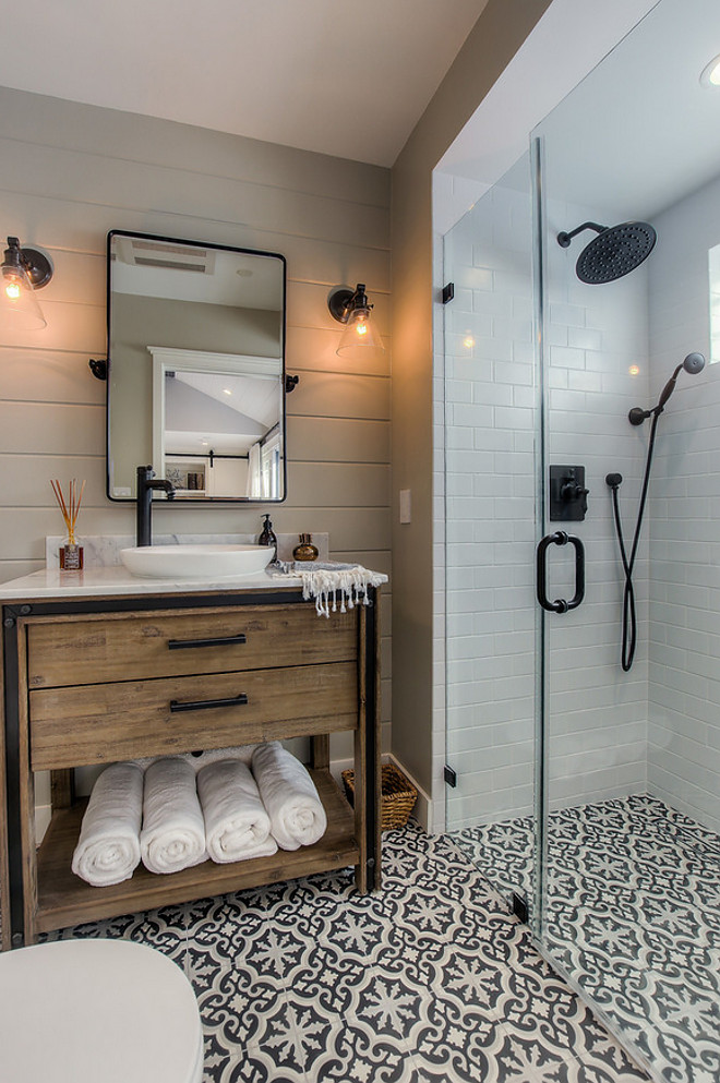 Farmhouse Bathroom with shiplap, rustic wood vanity, frameless shower and cement tile flooring. Vanity is from Signature Hardware and cement floor tile is from Cement Tile Shop - Bordeaux III pattern. Farmhouse Bathroom with shiplap, rustic wood vanity, frameless shower and cement tile flooring ideas. Farmhouse Bathroom with shiplap, rustic wood vanity, frameless shower and cement tile flooring #FarmhouseBathroom #Farmhouse #Bathroom #shiplap #rusticwood #rusticvanity #framelessshower #cementtile #cementfloortile #cementflooring Spazio LA