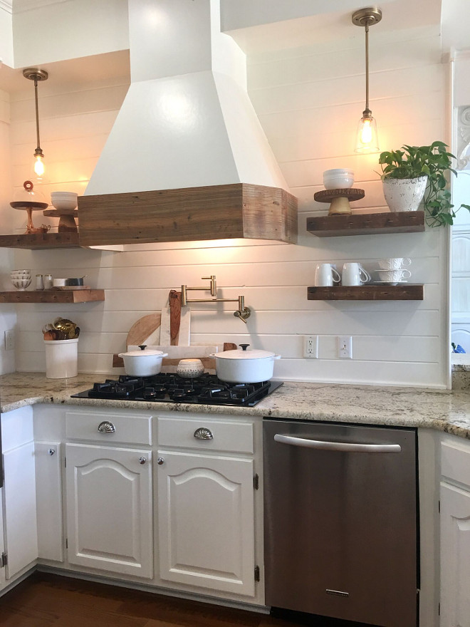 Farmhouse Kitchen Hood with stained wood and stained wood floating shelves. Farmhouse Kitchen Hood with stained wood and stained wood floating shelves. Farmhouse Kitchen Hood with stained wood and stained wood floating shelves. #FarmhouseKitchen #FarmhouseHood #stainedwood #floatingshelves Beautiful Homes of Instagram @cindimc.ivoryhome