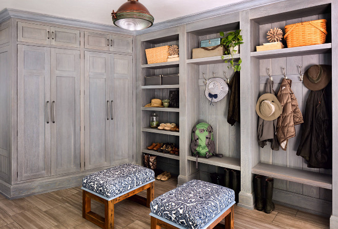 Farmhouse Mudroom with Greywashed Cabinets and wood-looking floor tile. Farmhouse Mudroom with Greywashed Cabinets and wood-looking floor tile #Farmhouse #Mudroom #Farmhousemudroom #GreywashedCabinets #woodfloortile #woodtile Wade Weissmann Architecture