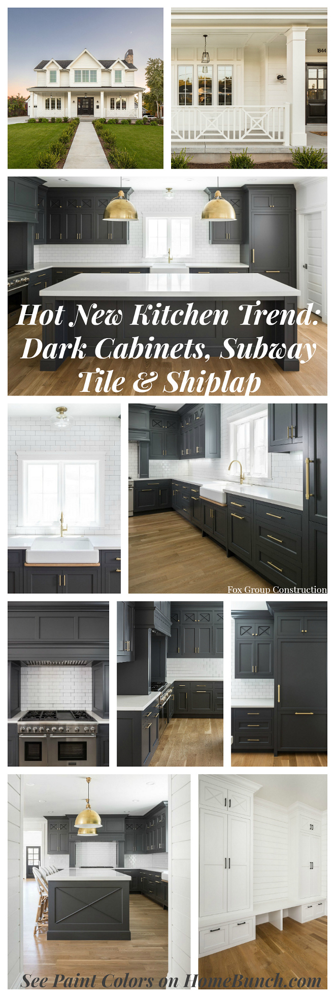 Hot New Kitchen Trend Dark Cabinets, Subway Tile & Shiplap. See paint colors on Home Bunch. #NewKitchenTrend #DarkCabinets #SubwayTile #shiplap #paintcolor