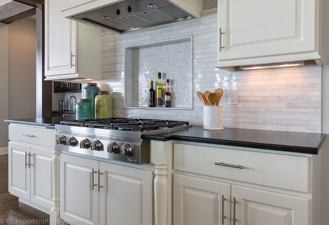 Kitchen Mini Tile Backsplash. Kitchen Marble Mini Tile Backsplash. Backsplash color is Manhattan, Stackstone polished Mosaic Marble. The back of frame above the stove is Mini Hexagon Marble; China White polished. Kitchen Mini Tile Backsplash Ideas. Kitchen Mini Tile Backsplash #Kitchen #Backsplash #MiniTileBacksplash #MarbleMiniTileBacksplash #MiniTile #Backsplash Restyle Design, LLC.