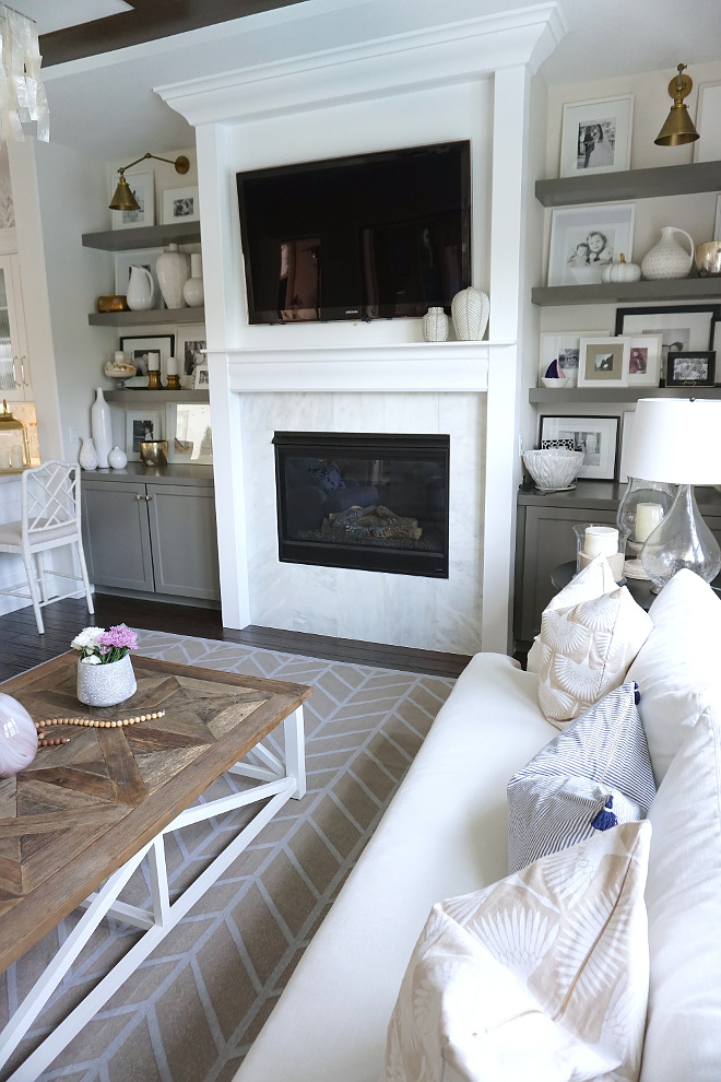 Marble Fireplace Surround. White Marble Fireplace Surround with Grey Cabinets. White Marble Fireplace Surround. #MarbleFireplace #MarbleFireplaceSurround #WhiteMarbleFireplaceSurround Beautiful Homes of Instagram @MyHouseOfFour