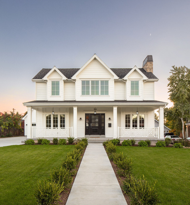 Modern Farmhouse Exterior Paint Color. White Modern Farmhouse Exterior Paint Color. White Modern Farmhouse with Black Door. White Modern Farmhouse #WhiteModernFarmhouse #ModernFarmhouseExteriorPaintColor #WhiteFarmhouse #BlackDoor Fox Group Construction