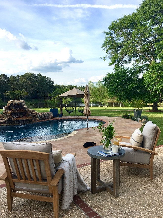 Pool Chairs. Teak chairs and reclaimed wood table from Joss&Main. Pool Chairs. Pool Chairs. Pool Chairs #PoolChairs Beautiful Homes of Instagram @cindimc.ivoryhome