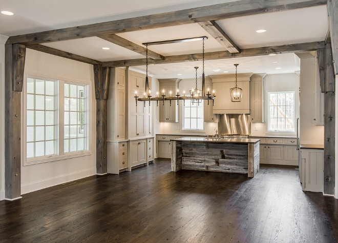 Rustic Kitchen with Greywashed Beams and barnwood island. Beautiful and spacious Rustic Kitchen with Greywashed Beams and barnwood island ideas #RusticKitchen #GreywashedBeams #beams #barnwoodisland #RusticKitchen #Greywashedwood #Beams #barnwood Vintage South Development