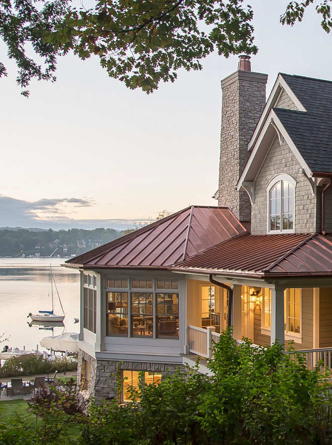 Copper Roof. Shingle Home with Copper Roof. Notice the copper roofing beautifully contrasting with the grey shingles and natural stone. Shingle Home with Copper Roof ideas. Shingle Home with Copper Roof. Shingle Home with Copper Roof #ShingleHome #CopperRoof Lake Geneva Architects
