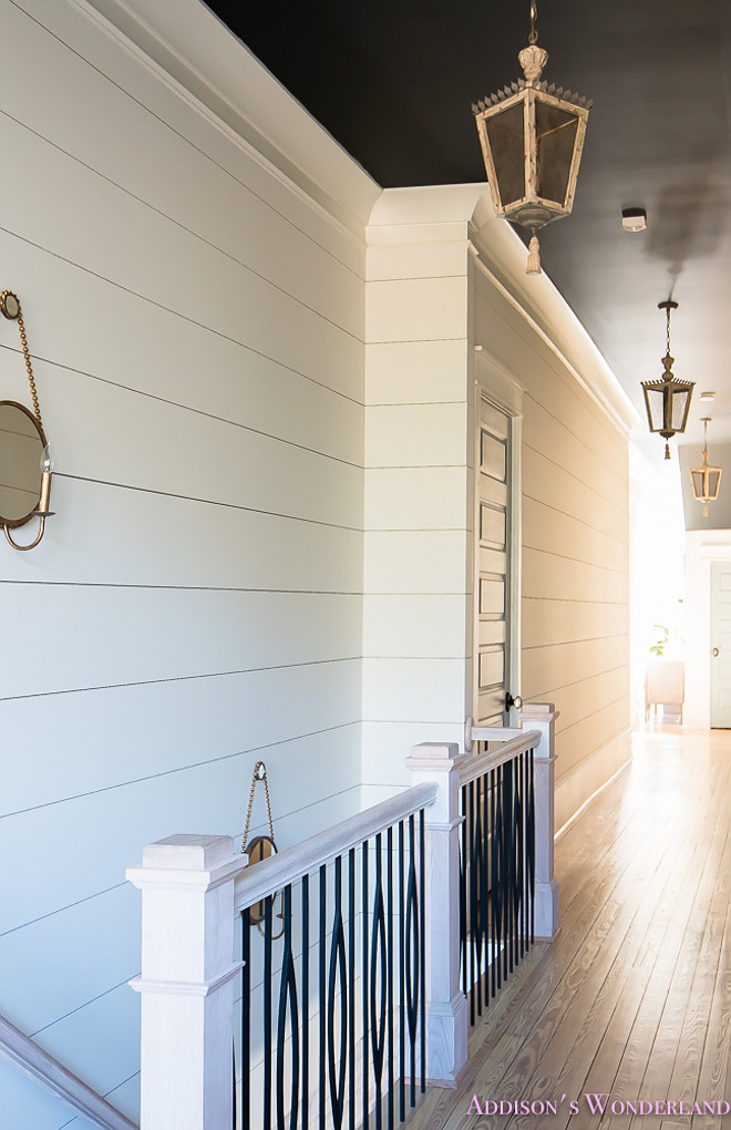 Shiplap Hallway. Shiplap Staircase hallway. Shiplap brings charm to the staircase and hallway. Colors: Shiplap Walls: Alabaster by SW, Ceiling- Inkwell by SW. Shiplap Hallway. Shiplap Staircase hallway. Shiplap Hallway. Shiplap Staircase hallway #ShiplapHallway #Shiplap #Staircase #hallway Home Bunch's Beautiful Homes of Instagram @addisonswonderland