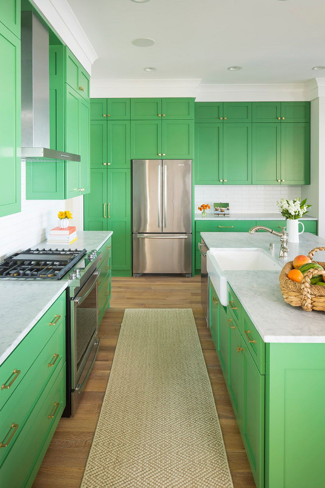 Stacked Kitchen Cabinet. Green Stacked Kitchen Cabinet. Stacked Kitchen Cabinet Ideas. Kitchen cabinet hardware are Millennium Pull in a satin brass finish; and Manhattan Knob in satin brass finish. #StackedKitchenCabinet #GreenKitchenCabinet #StackedKitchenCabinet #StackedKitchenCabinetIdeas Martha O'Hara Interiors