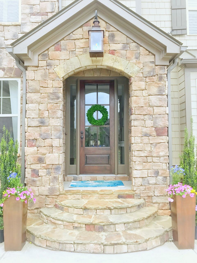Stone Exterior Color. Most of our front elevation is stone. We chose a copper gas lantern for the entry. Tall copper planters. Stone Exterior Color. Stone Exterior Color Ideas #StoneExterior #StoneExteriorColor Beautiful Homes of Instagram @sugarcolorinteriors