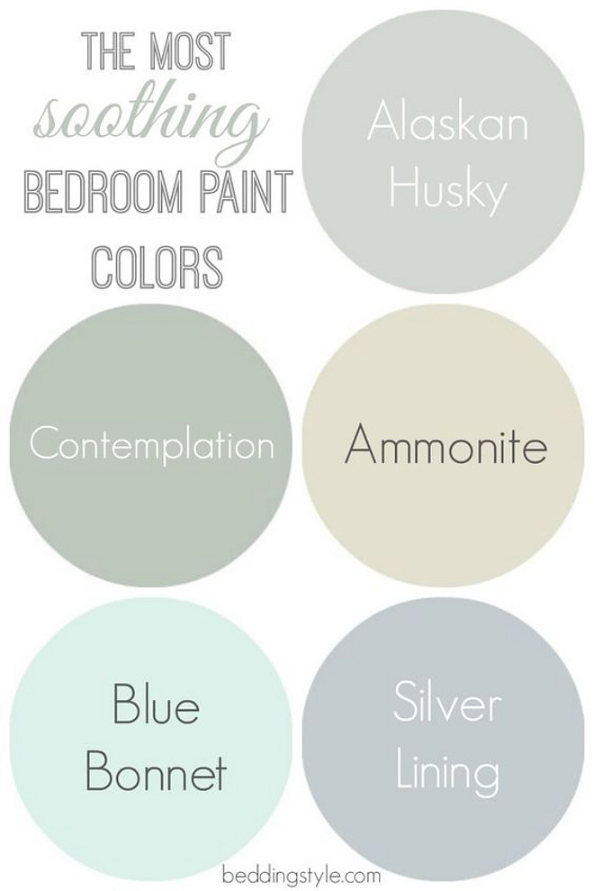 The most soothing bedroom paint colors. Alaskan Husky 1479 Benjamin Moore. Contemplation Behr. Ammonite Farrow and Ball. Blue Bonnet Benjamin Moore. Silver Lining Benjamin Moore. #bedroompaintcolors #soothingpaintcolors #AlaskanHusky1479BenjaminMoore #ContemplationBehr #AmmoniteFarrowandBall #BlueBonnetBenjaminMoore #SilverLiningBenjaminMoore Via Bedding Style