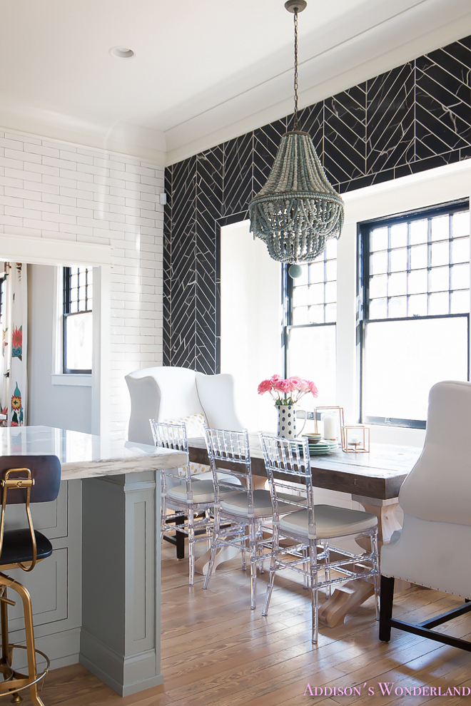 breakfast-room-black-chevron-wall-tile-white-wingback-dining-chairs-wood-table-clear-lucite-chairs-powder-blue-cabinets Beautiful Homes of Instagram @addisonswonderland