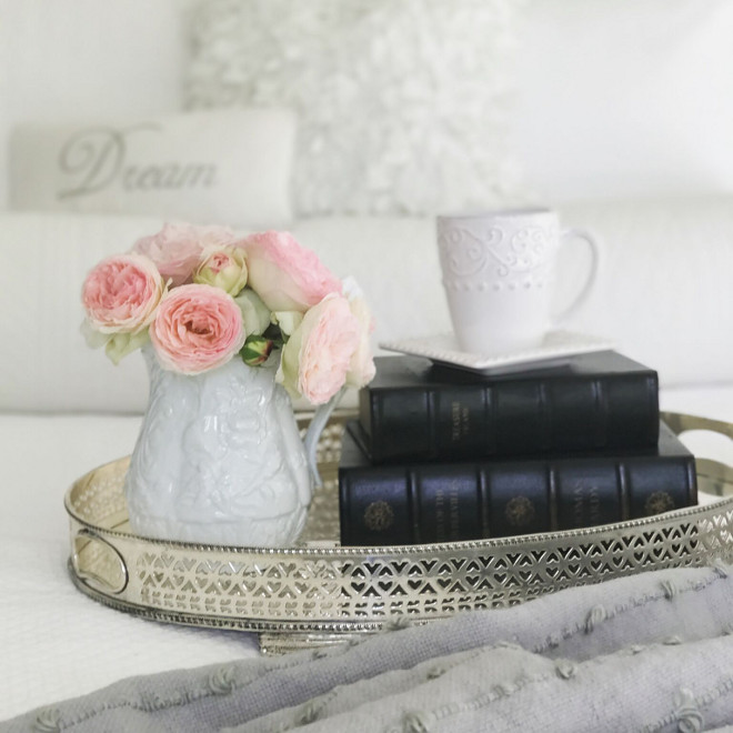 Bedroom Tray Decor Ideas. Guest Bedroom Tray Decor. A vintage silver tray with fresh flowers and books make this guest bedroom feel extra welcoming. #Bedroom #TrayDecor #BedroomtrayIdeas #GuestBedroomTrayDecor Beautiful Homes of Instagram @SanctuaryHomeDecor