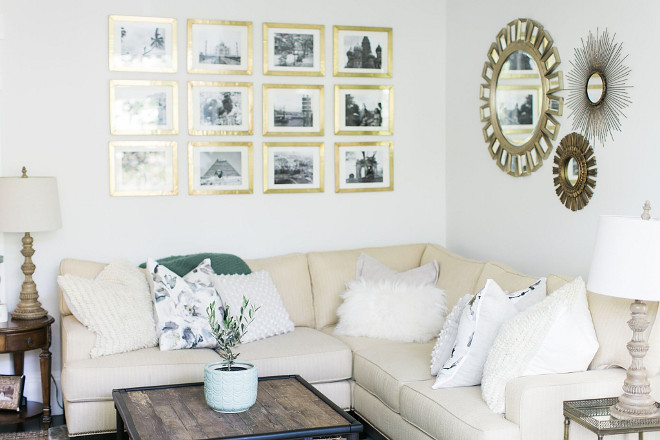 Benjamin Moore Winter White. The wall color is Benjamin Moore Winter White. Before we had babies my husband and I loved to travel. The gallery wall are black and white photos from our travels framed in Anthropologie’s Minimalist Gallery Frame. #BenjaminMooreWinterWhite Home Bunch Beautiful Homes of Instagram @finding__lovely