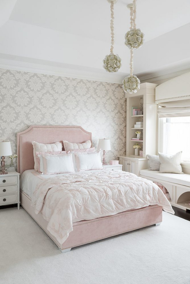 Blush Pink Bedroom. Blush Pink Bedroom. This girl's bedroom features three staggered flower chandeliers and a blush pink velvet bed dressed in pink shams and soft pink ruched duvet. Blush Pink #BlushPink Tara Fingold Interiors