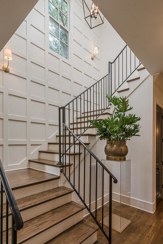 Board and Batten Grid. Square board and batten wall treatment. Board and Batten Grid Foyer. Board and Batten Grid Staircase. Board and Batten Grid Design #BoardandBattenGrid #Squareboardandbatten #walltreatment #BoardandBatten #Grid #Foyer #BoardandBattenGridStaircase #BoardandBattenGridDesign Domaine Development