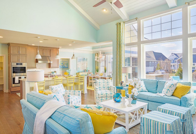 Coastal Cottage Interiors. Coastal Cottage Interior Ideas. I love how much natural light this space gets. The turquoise and yellow color scheme works beautifully against the wall color. Coastal Cottage Interiors. Coastal Cottage Interiors #CoastalCottageInteriors Echelon Custom Homes