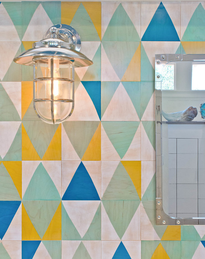 Stained wood. A colorful stained wood tile is used as backsplash in this bathroom. It actually reminds me of a vintage quilt Wood tile is by Moonish. #woodtile #tile #colorful #backsplash Younique Designs