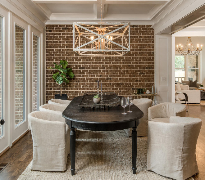 Dining Room Exposed Brick Accent Wall. Neutral dining room with reclaimed brick accent wall and linen dining chairs. Dining Room Exposed Brick Accent Wall Ideas. Farmhouse dining room with reclaimed brick wall #DiningRoom #ExposedBrick #ExposedBrickAccentWall #BrickAccentWall #BrickIdeas #Farmhousebrick #reclaimedbrick Domaine Development