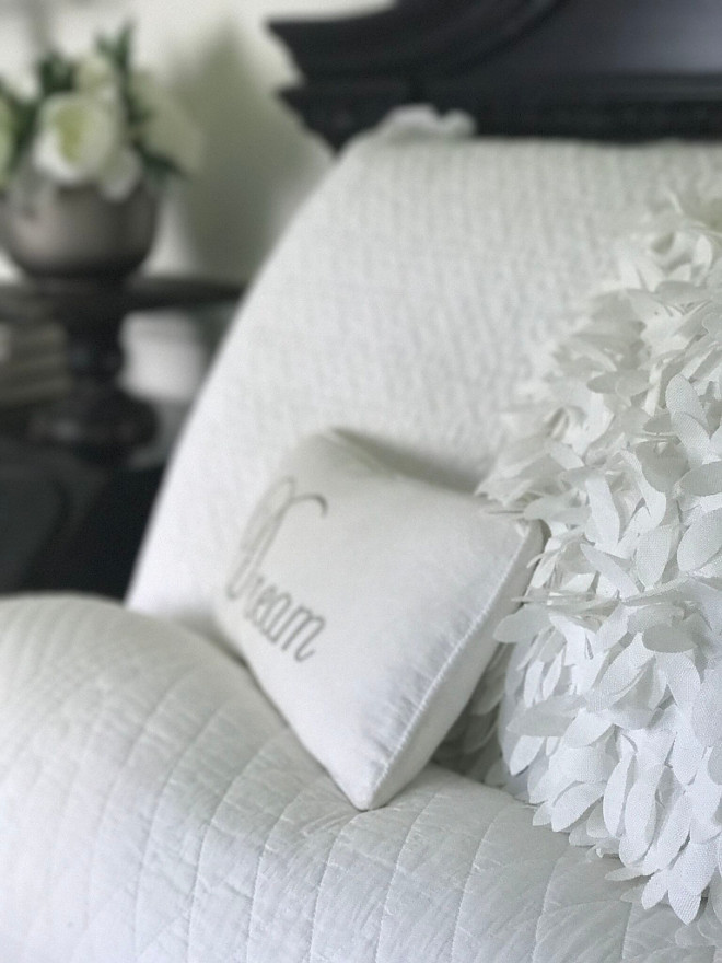 Farmhouse bedroom linens. The bed was originally a distressed cream color, but we painted it black to match the other furniture in the room and I added crisp white linens for a fresh look. Beautiful Homes of Instagram @SanctuaryHomeDecor