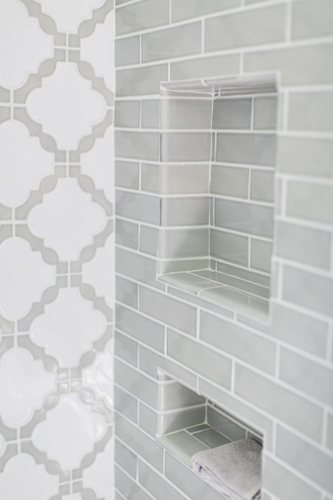 Gray Bathroom Tile. Gray Bathroom Tile Ideas, I used two different tiles for the shower, a grey subway tile and a lattice pattern for the back wall. Both are from The Tile Shop. Gray Bathroom Tile Combination #GrayBathroomTile Home Bunch Beautiful Homes of Instagram @finding__lovely