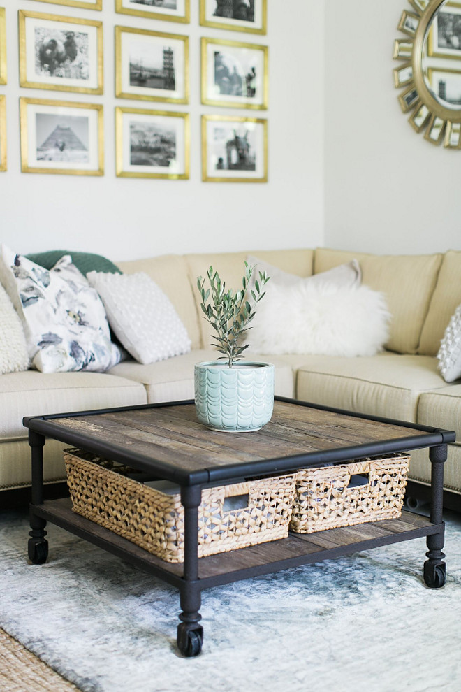Industrial Farmhouse Coffee Table. Industrial Farmhouse Coffee Table Ideas. Industrial Farmhouse Coffee Tables. Coffee table from Restoration Hardware, baskets from Homegoods. The baskets are a lifesaver, hiding all the clutter of daily life—magazines, ipads, laptops. Industrial Farmhouse Coffee Table #IndustrialFarmhouseCoffeeTable #IndustrialFarmhouseCoffeeTables #IndustrialFarmhouse #CoffeeTable #Farmhousecoffeetable Home Bunch Beautiful Homes of Instagram @finding__lovely