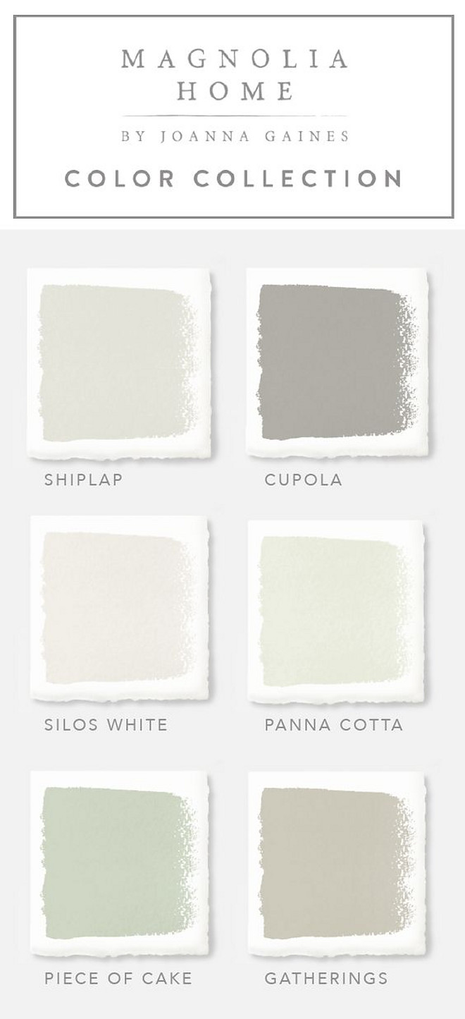 Joanna Gaines Paint Colors. Magnolia Home by Joanna Gaines Paint Colors: Magnolia Home Paint Color Shiplap -A creamy, weathered white. Magnolia Home Paint Color Cupola - A pure gray lightly dusted with a tan hue. Magnolia Home Paint Color Silos White - Warm white with beige hues. Magnolia Home Paint Color Panna Cotta - Crisp white lightly dusted with beige. Magnolia Home Paint Color Piece of Cake - White with green undertones. Magnolia Home Paint Color Gatherings - Golden gray with amber and tan undertones. #MagnoliaHomePaintColorShiplap #MagnoliaHomePaintColorCupola #MagnoliaHomePaintColorSilosWhite #MagnoliaHomePaintColorPannaCotta #MagnoliaHomePaintColorPieceofCake #MagnoliaHomePaintColorGatherings Magnolia Home Paint Colors. Magnolia Home by Joanna Gaines Paint Colors #JoannaGaines #MagnoliaHomes #PaintColors #MagnoliaPaint Via Magnolia Paint by Kilz