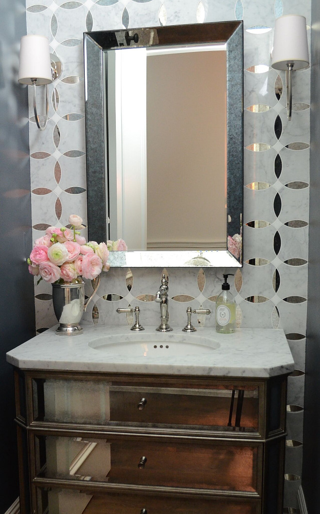Mirrored Tile. Mirrored Tile Ideas. Mirrored Wall Tile. I fell in love with the marble and antique mirror mosaic and decided I had to use it somewhere. The addition of the antique mirror cabinet really made this small bath look amazing #Mirroredtile #MirroredWallTile Beautiful Homes of Instagram @SanctuaryHomeDecor