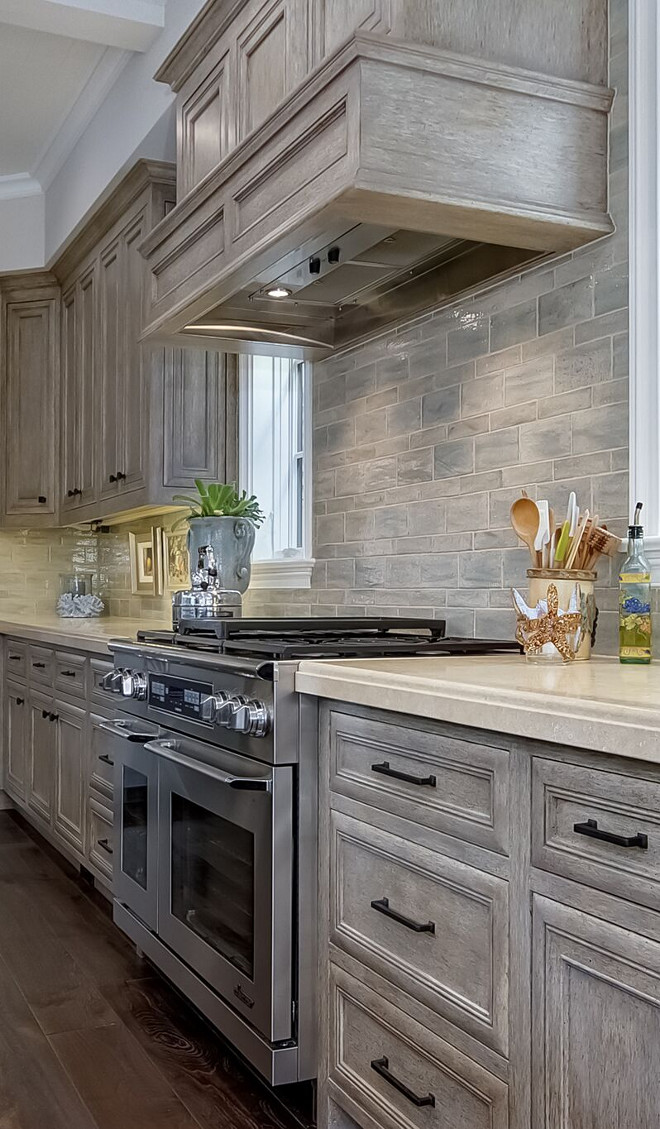 Neutral Backsplash Tile. Neutral Backsplash Tile. Greywashed cabinet with Neutral Backsplash Tile. The backsplash was hand fired and glazed bricks that complimented the colors of the island and outer countertops. #NeutralBacksplashTile # Neutral #Backsplash #Tile #Greywashedcabinet #BacksplashTile Brandon Architects, Inc.